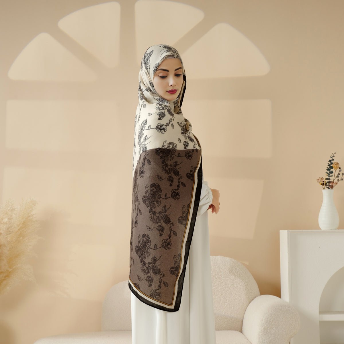 MH095 Printed Colorblock Geometric and Natural Floral Pattern Cotton and Linen Blend Shawl - Mariam's Collection