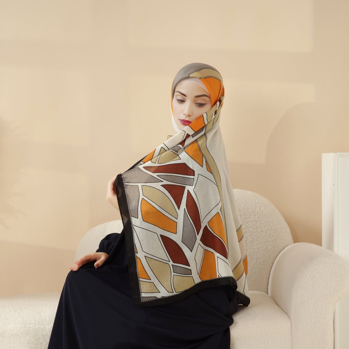 MH095 Printed Colorblock Geometric and Natural Floral Pattern Cotton and Linen Blend Shawl - Mariam's Collection