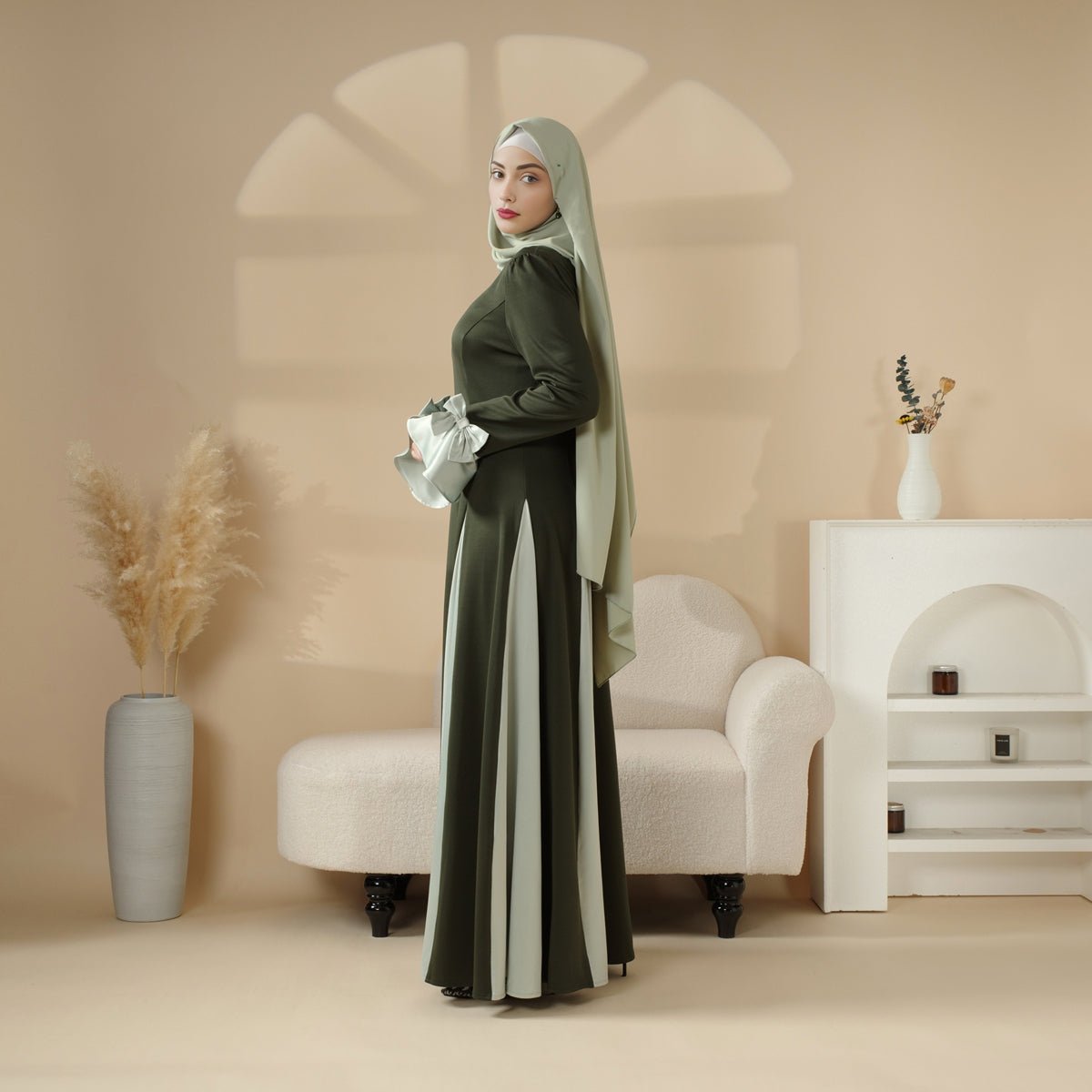 Milan Elegant Color - Block Design Dual - Tone Modest Dress (MA126) - Mariam's Collection