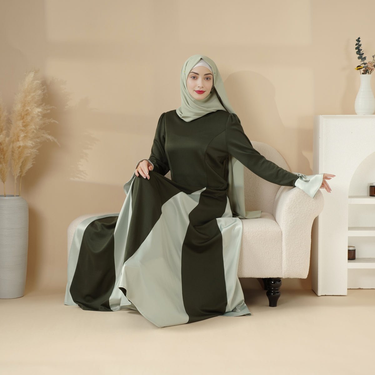 Milan Elegant Color - Block Design Dual - Tone Modest Dress (MA126) - Mariam's Collection