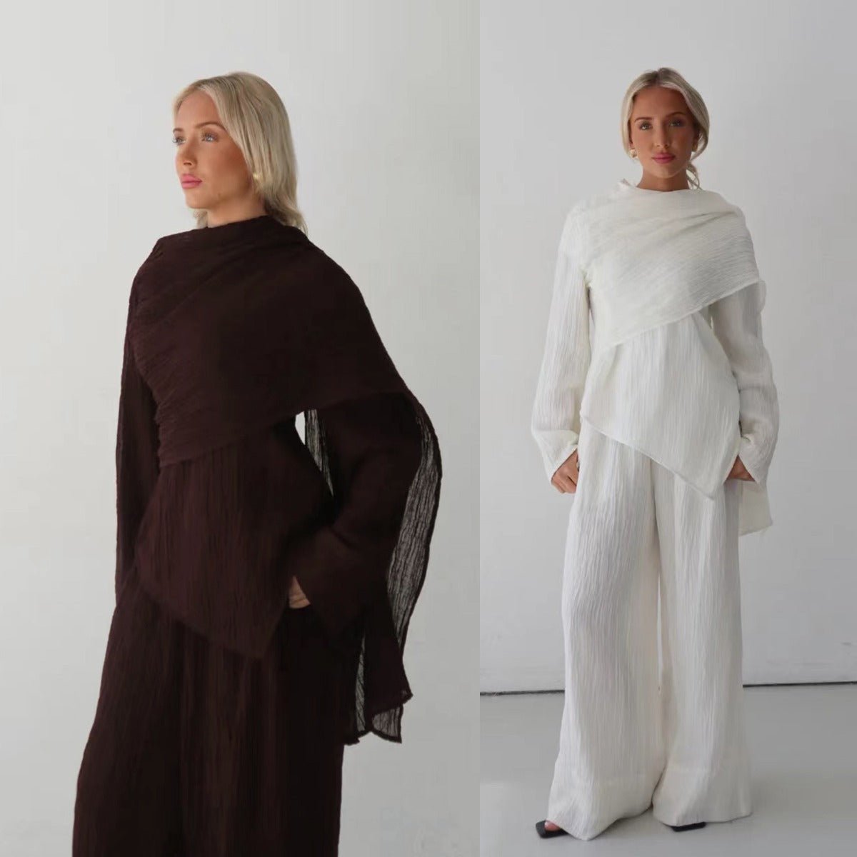 Minimalist Luxury Modest Lounge Two - Piece Set | Asymmetrical Cardigan & Wide - Leg Pants. (MS093) - Mariam's Collection