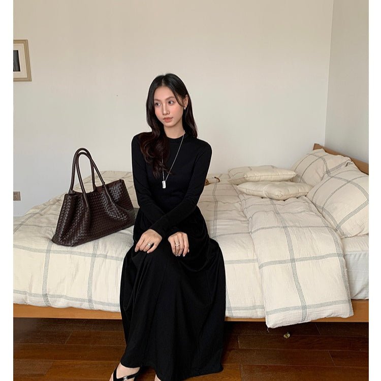 Minimalist Mock Neck Knit Maxi Dress | Relaxed Fit Base Layer Dress(MA336) - Mariam's Collection