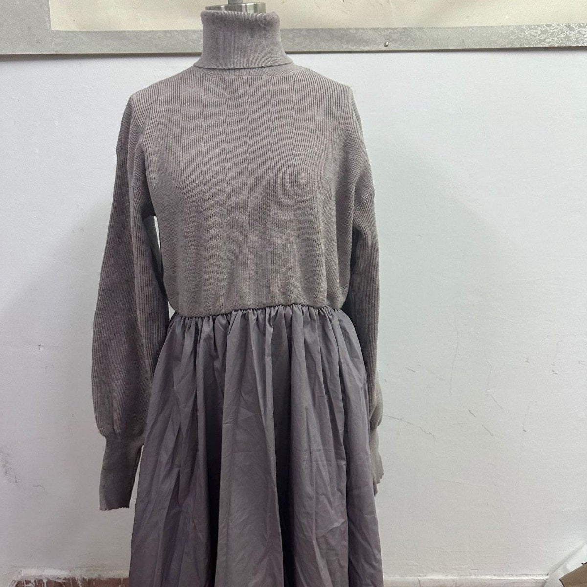 Mixed Media Sweater Dress | Turtleneck Knit & Woven Maxi Dress(MS236) - Mariam's Collection