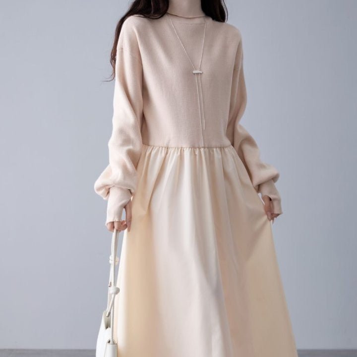 Mixed Media Sweater Dress | Turtleneck Knit & Woven Maxi Dress(MS236) - Mariam's Collection
