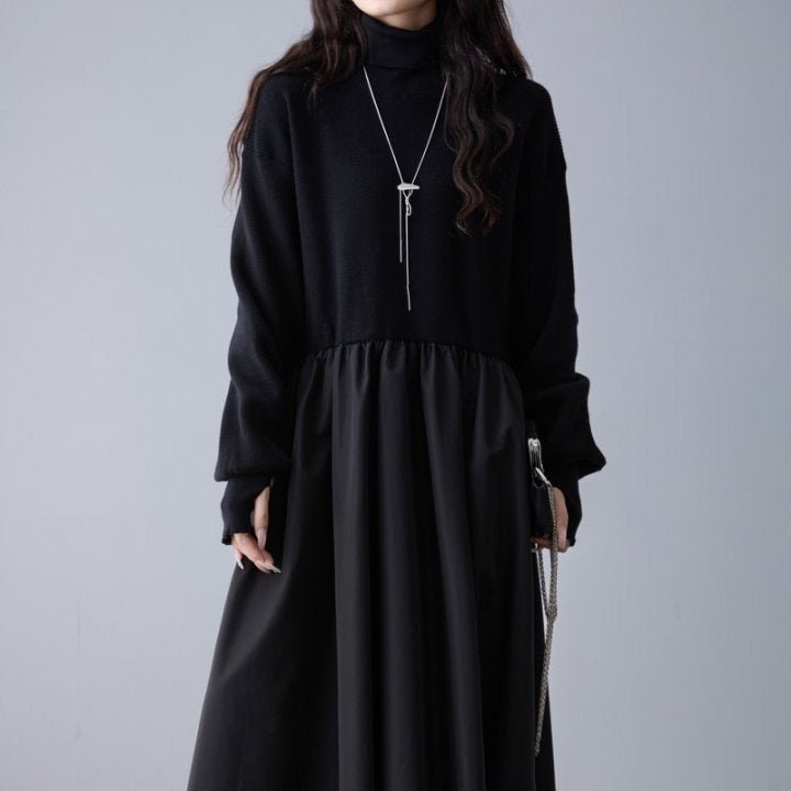 Mixed Media Sweater Dress | Turtleneck Knit & Woven Maxi Dress(MS236) - Mariam's Collection