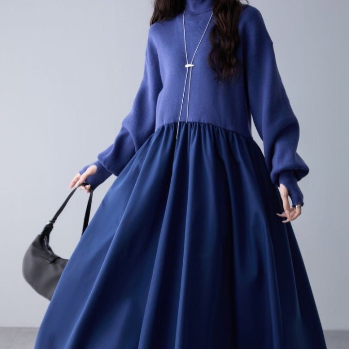 Mixed Media Sweater Dress | Turtleneck Knit & Woven Maxi Dress(MS236) - Mariam's Collection