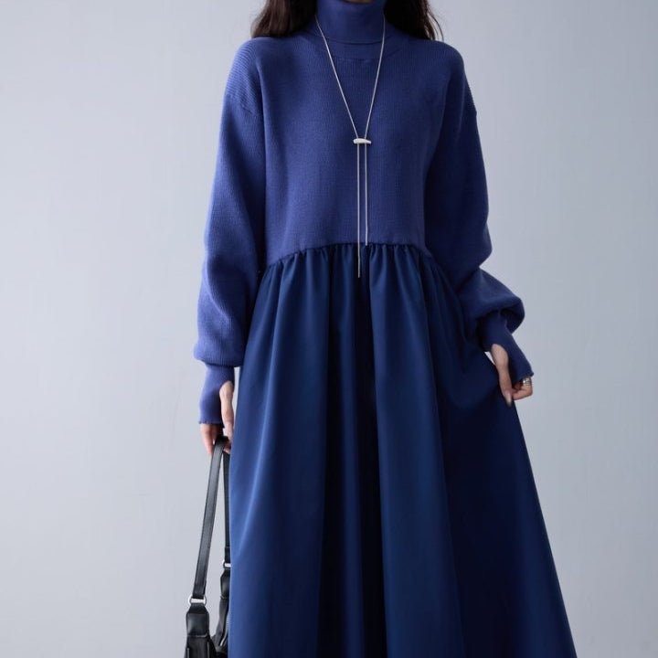 Mixed Media Sweater Dress | Turtleneck Knit & Woven Maxi Dress(MS236) - Mariam's Collection