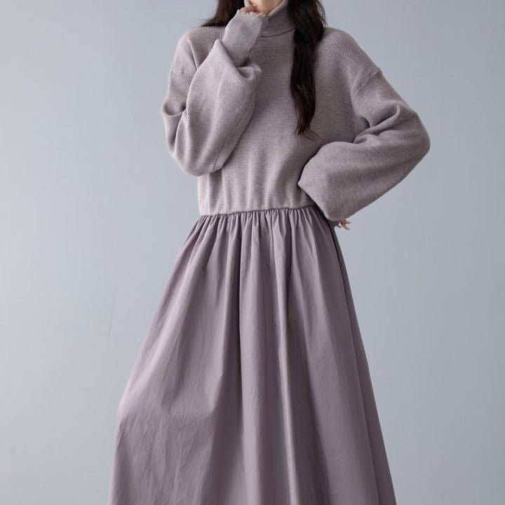 Mixed Media Sweater Dress | Turtleneck Knit & Woven Maxi Dress(MS236) - Mariam's Collection