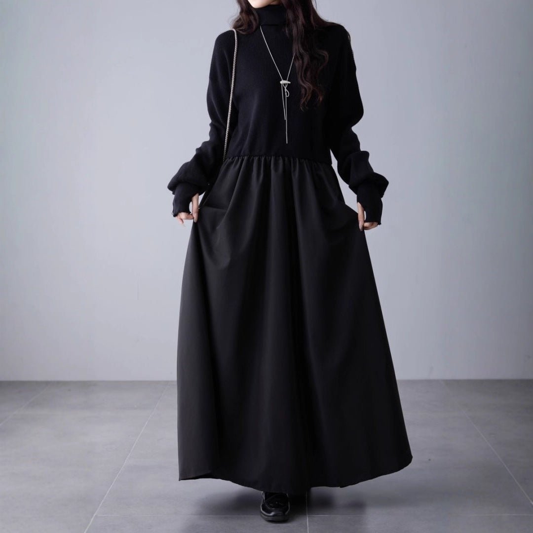 Mixed Media Sweater Dress | Turtleneck Knit & Woven Maxi Dress(MS236) - Mariam's Collection