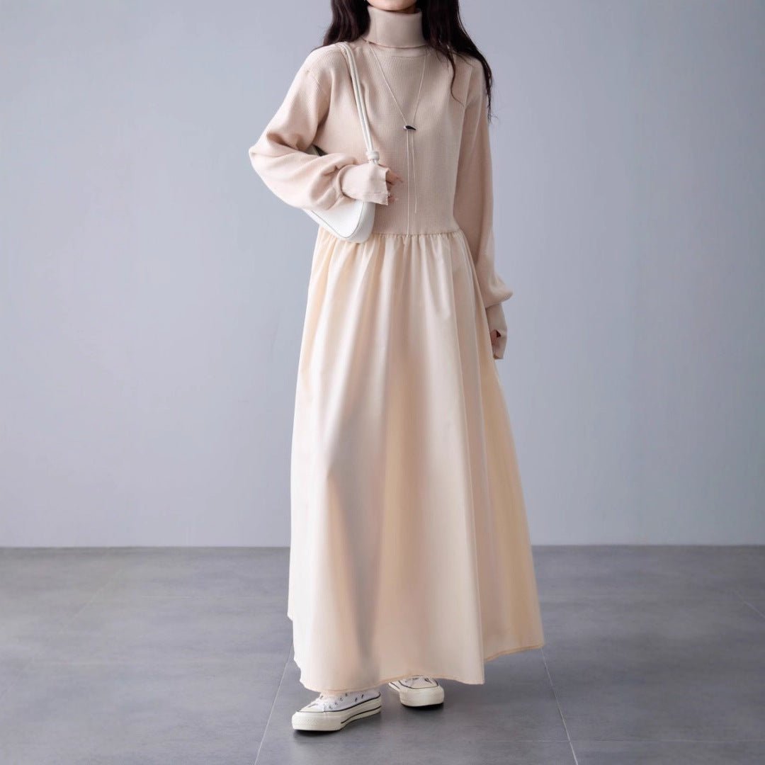 Mixed Media Sweater Dress | Turtleneck Knit & Woven Maxi Dress(MS236) - Mariam's Collection