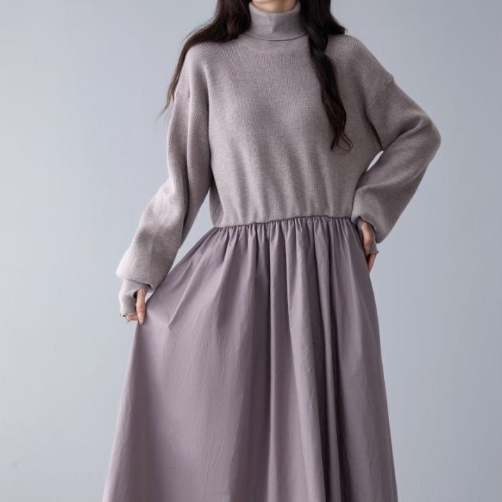 Mixed Media Sweater Dress | Turtleneck Knit & Woven Maxi Dress(MS236) - Mariam's Collection