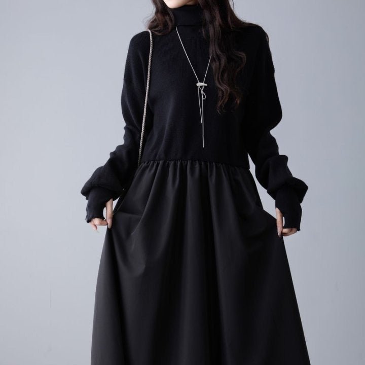 Mixed Media Sweater Dress | Turtleneck Knit & Woven Maxi Dress(MS236) - Mariam's Collection