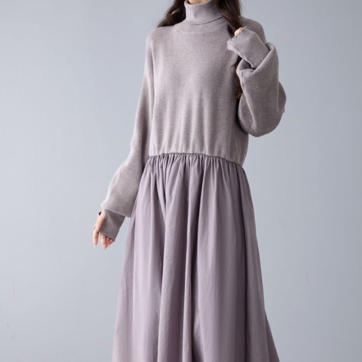 Mixed Media Sweater Dress | Turtleneck Knit & Woven Maxi Dress(MS236) - Mariam's Collection