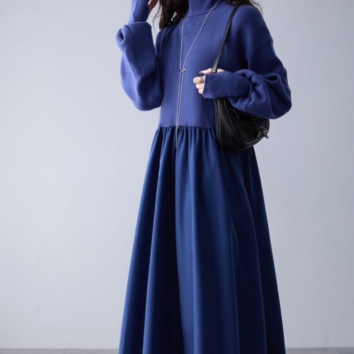 Mixed Media Sweater Dress | Turtleneck Knit & Woven Maxi Dress(MS236) - Mariam's Collection