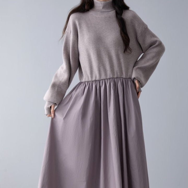 Mixed Media Sweater Dress | Turtleneck Knit & Woven Maxi Dress(MS236) - Mariam's Collection