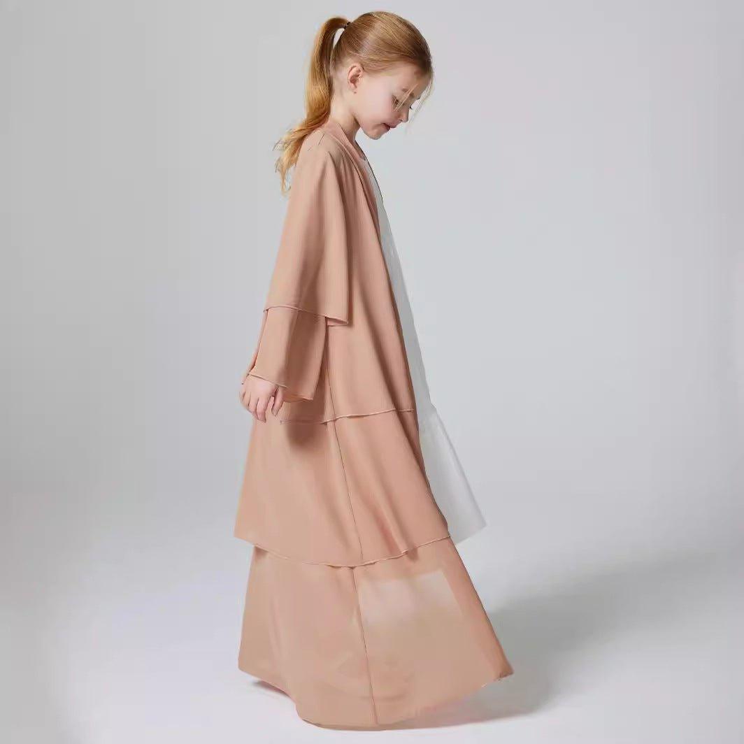 MKG009 Girls Plain 3 - Layered Chiffon Open Abaya - Mariam's Collection