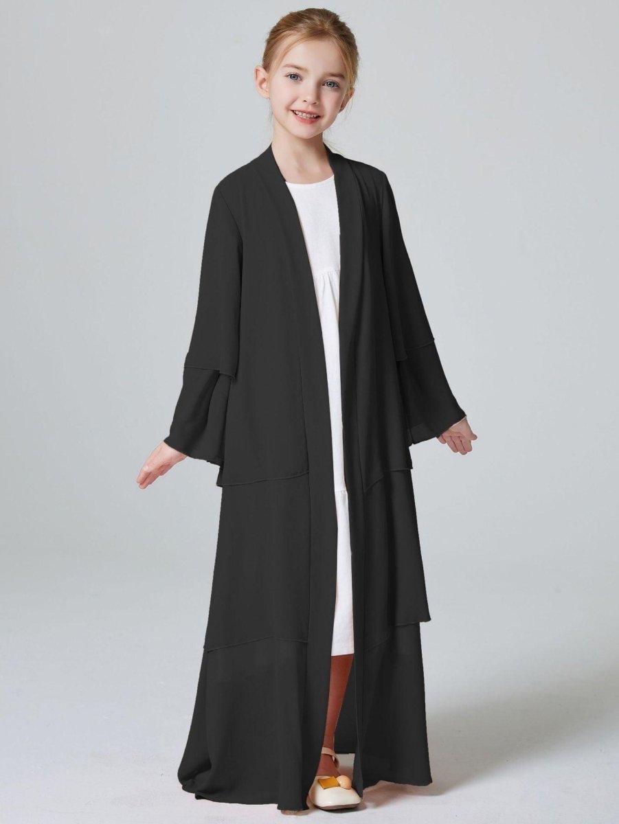 MKG009 Girls Plain 3 - Layered Chiffon Open Abaya - Mariam's Collection