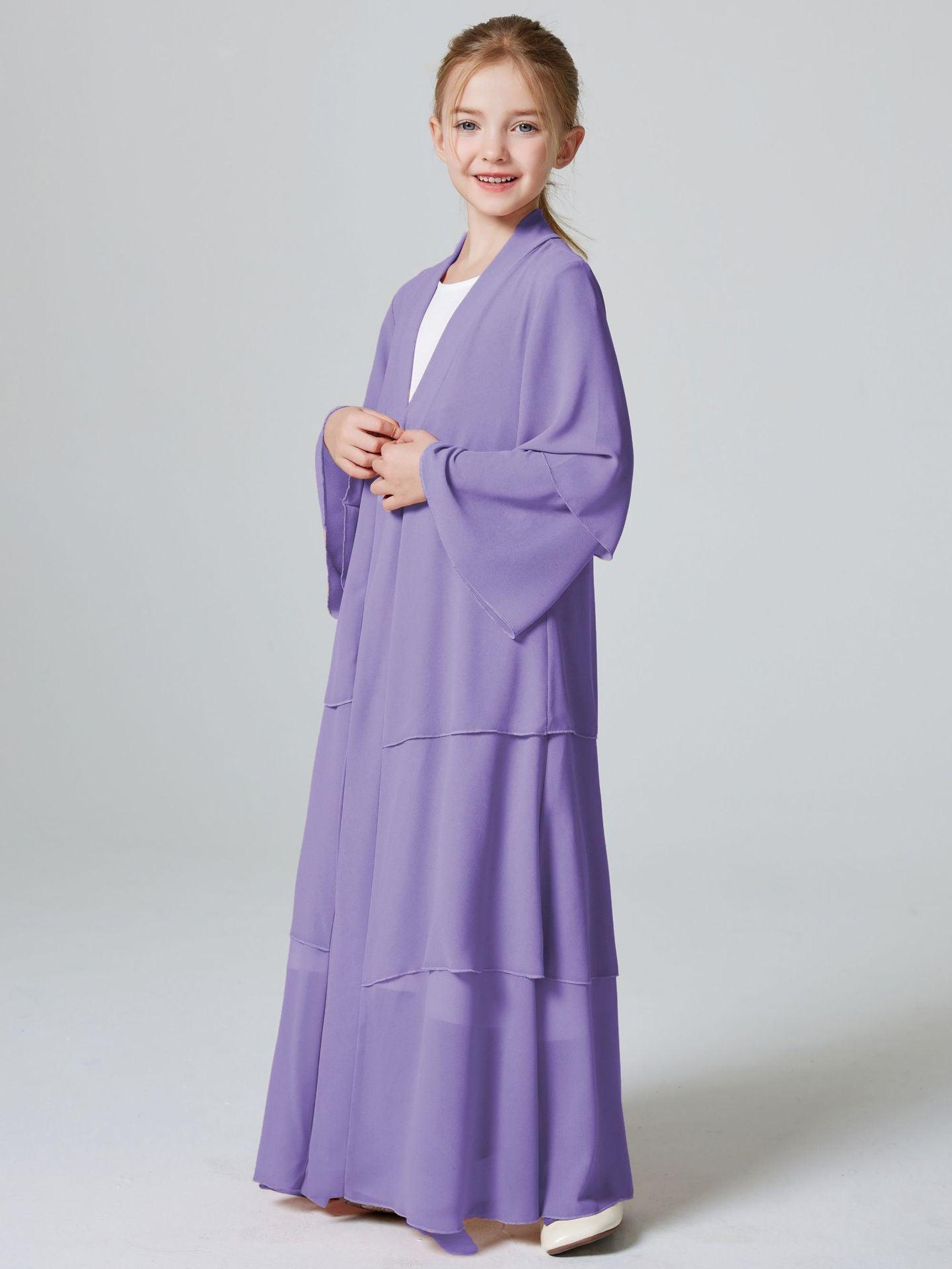 MKG009 Girls Plain 3 - Layered Chiffon Open Abaya - Mariam's Collection