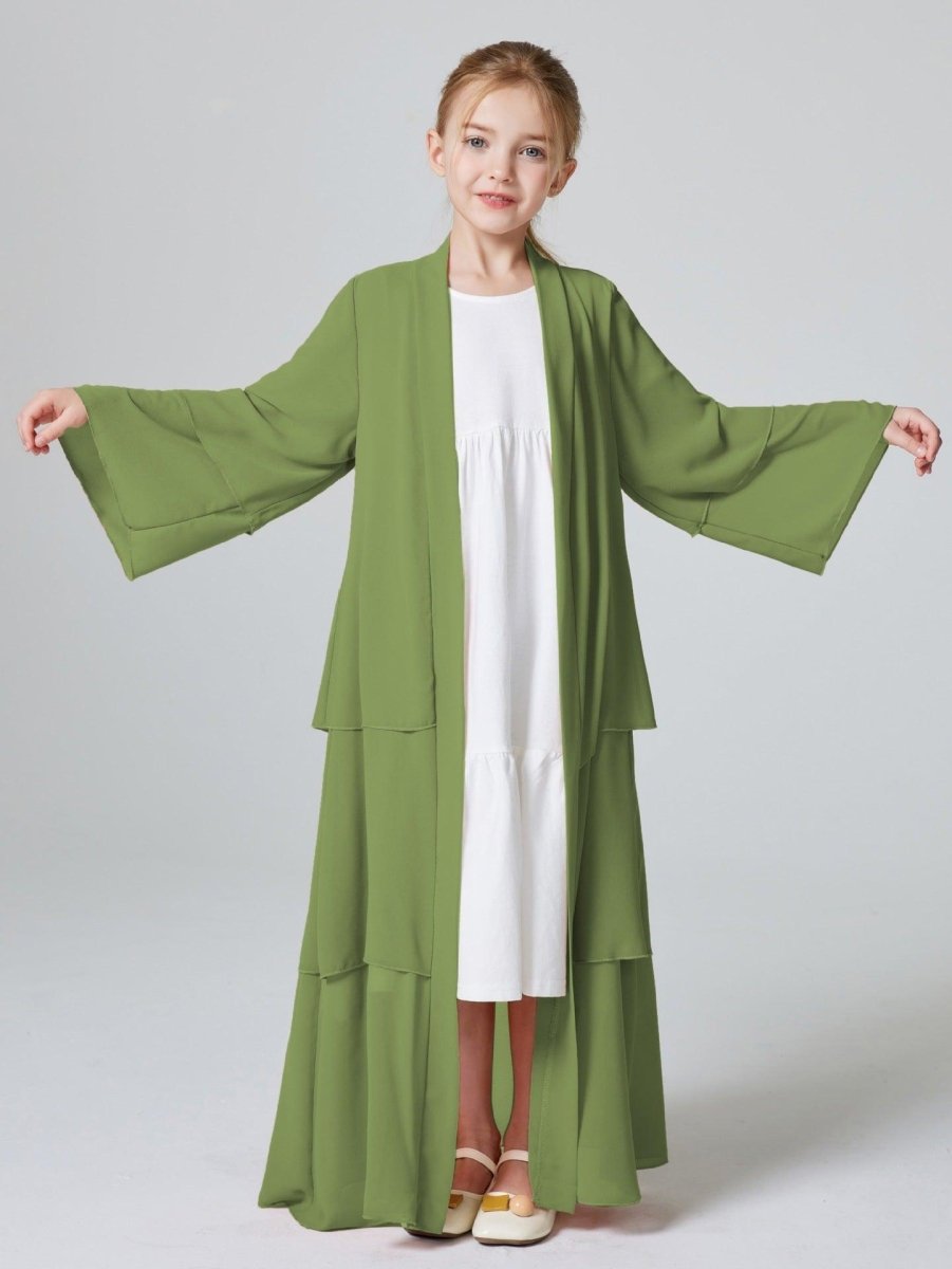 MKG009 Girls Plain 3 - Layered Chiffon Open Abaya - Mariam's Collection