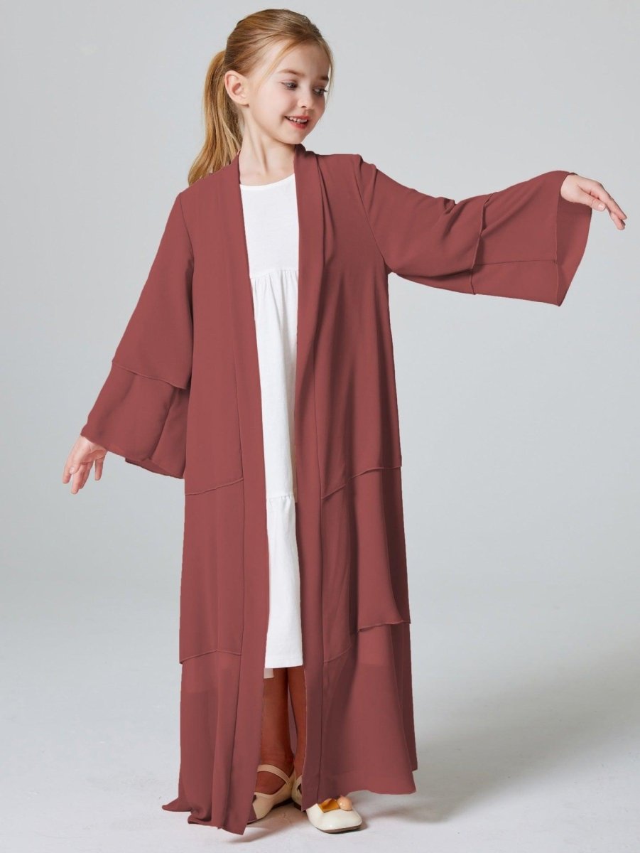 MKG009 Girls Plain 3 - Layered Chiffon Open Abaya - Mariam's Collection