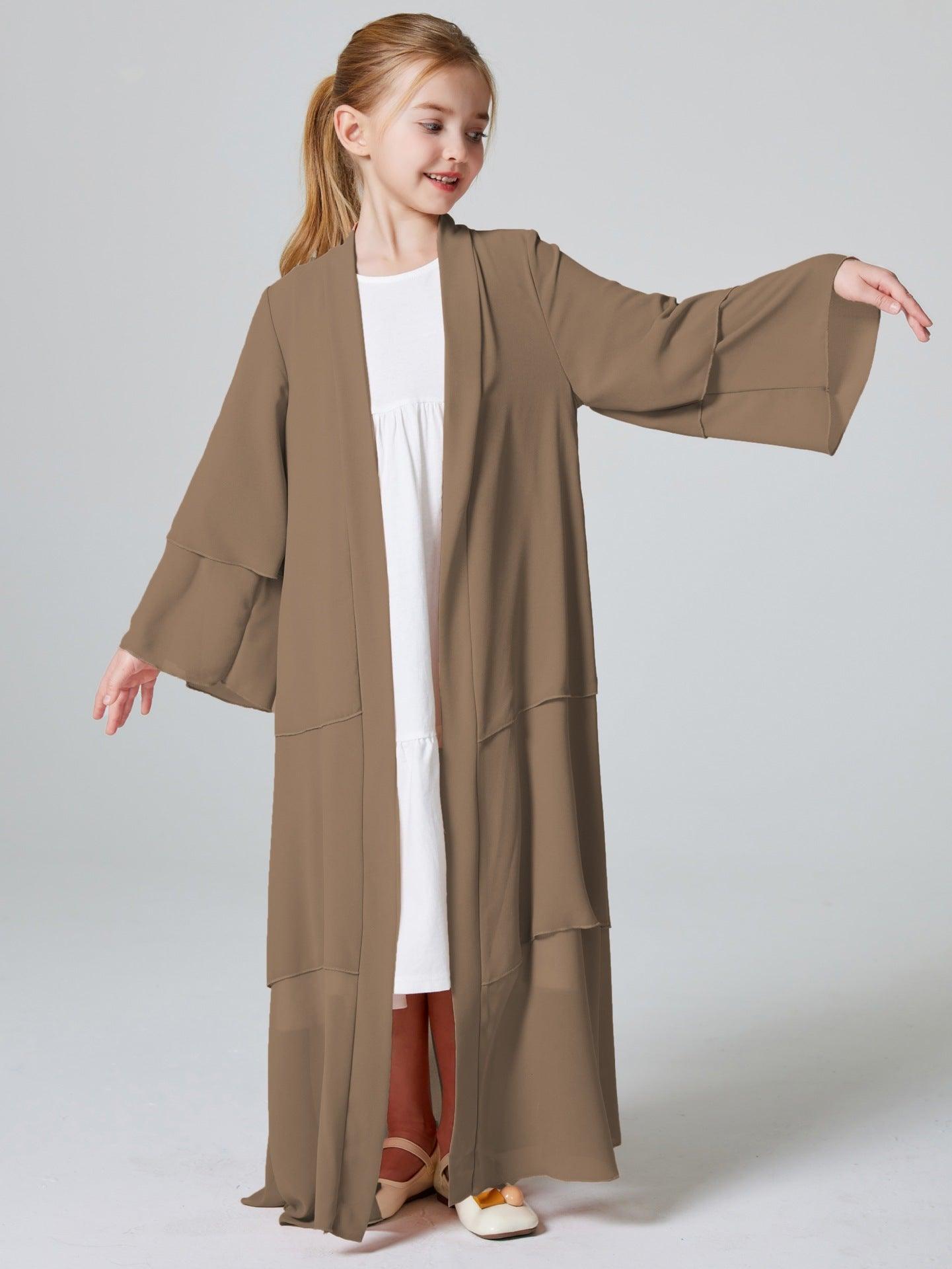 MKG009 Girls Plain 3 - Layered Chiffon Open Abaya - Mariam's Collection