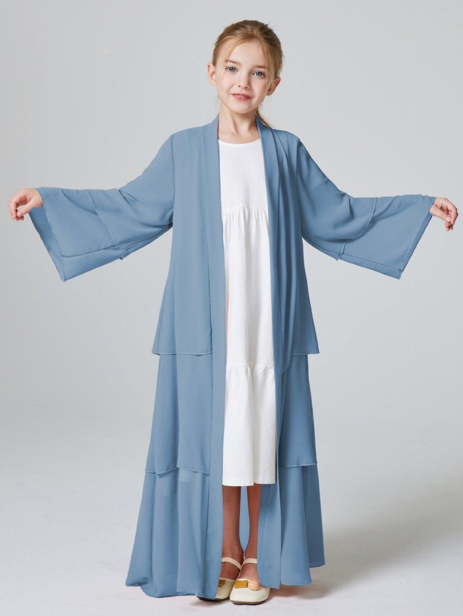 MKG009 Girls Plain 3 - Layered Chiffon Open Abaya - Mariam's Collection