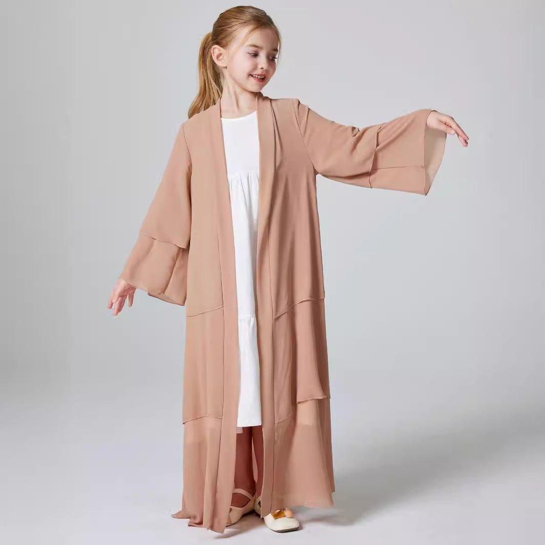 MKG009 Girls Plain 3 - Layered Chiffon Open Abaya - Mariam's Collection