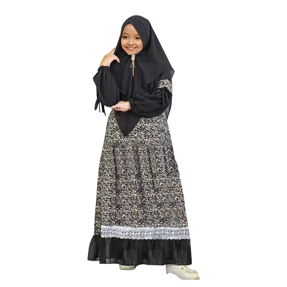 MKG012 Girls Patchwork Floral Abaya 2 - Piece Set - Mariam's Collection