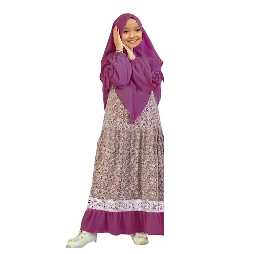 MKG012 Girls Patchwork Floral Abaya 2 - Piece Set - Mariam's Collection