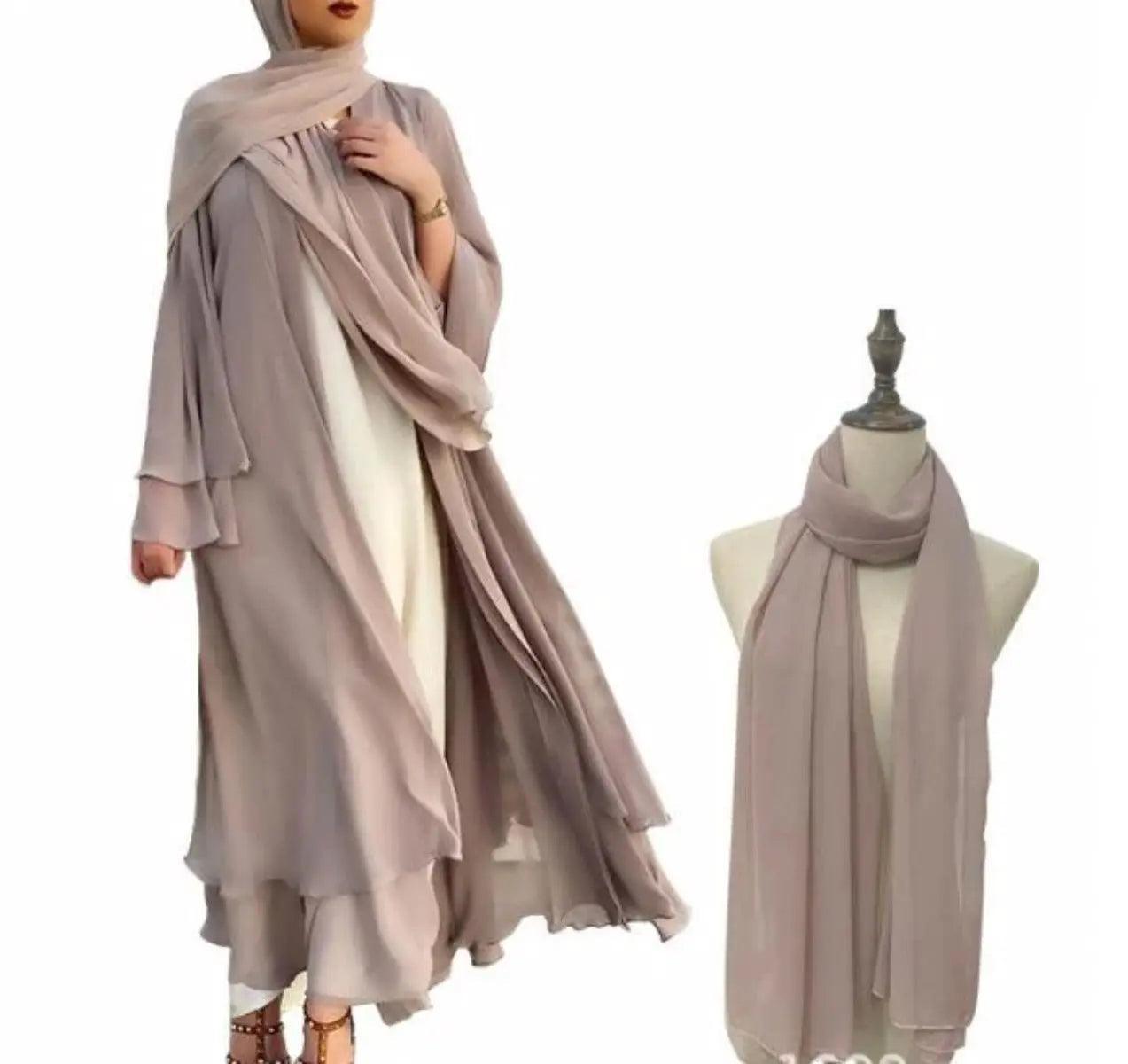 MOA002 Plain Double Layered Chiffon Open Abaya Set - Mariam's Collection