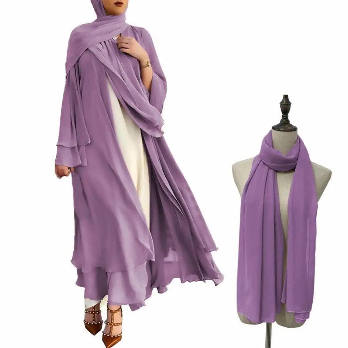 MOA002 Plain Double Layered Chiffon Open Abaya Set - Mariam's Collection