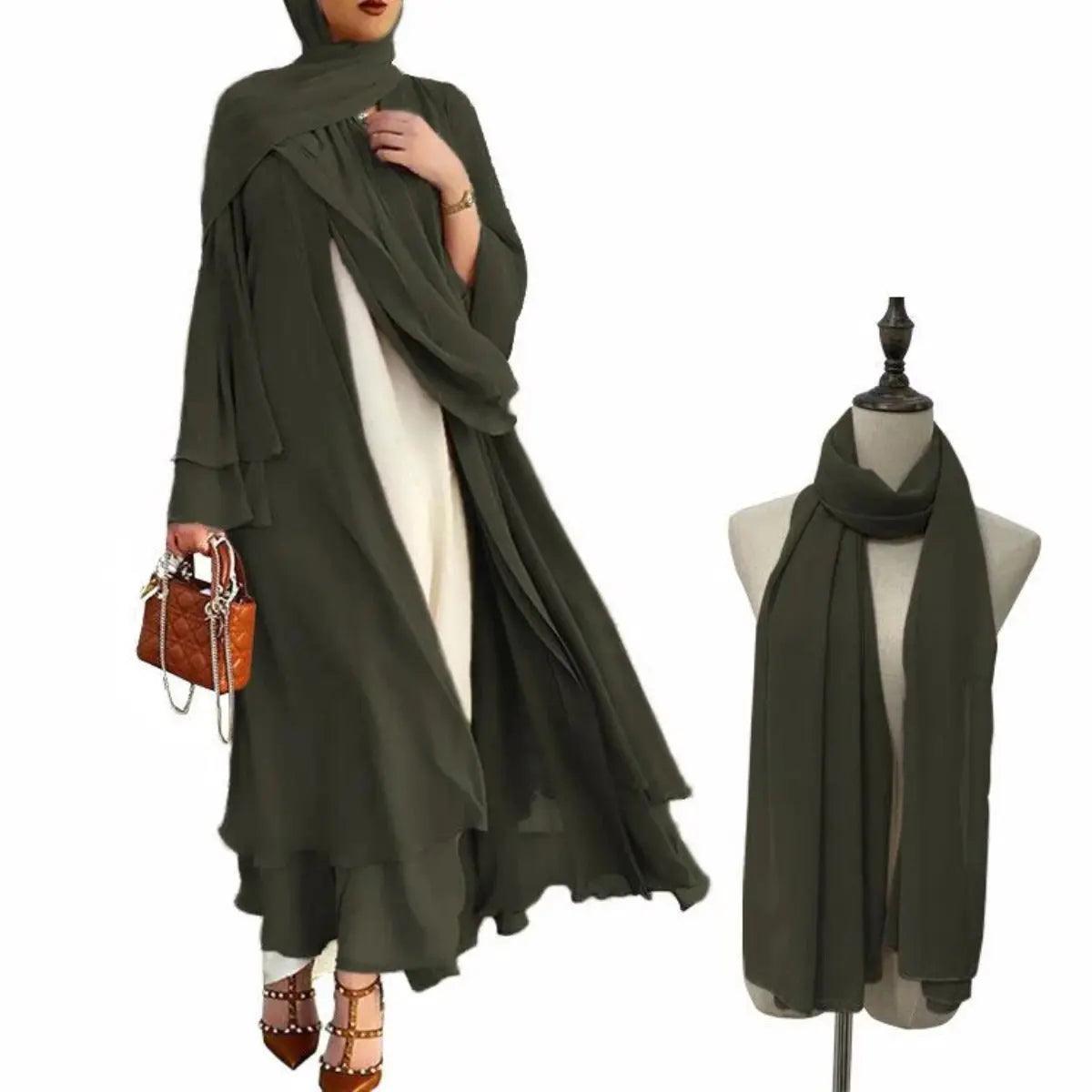 MOA002 Plain Double Layered Chiffon Open Abaya Set - Mariam's Collection