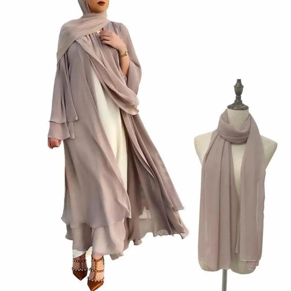 MOA002 Plain Double Layered Chiffon Open Abaya Set - Mariam's Collection