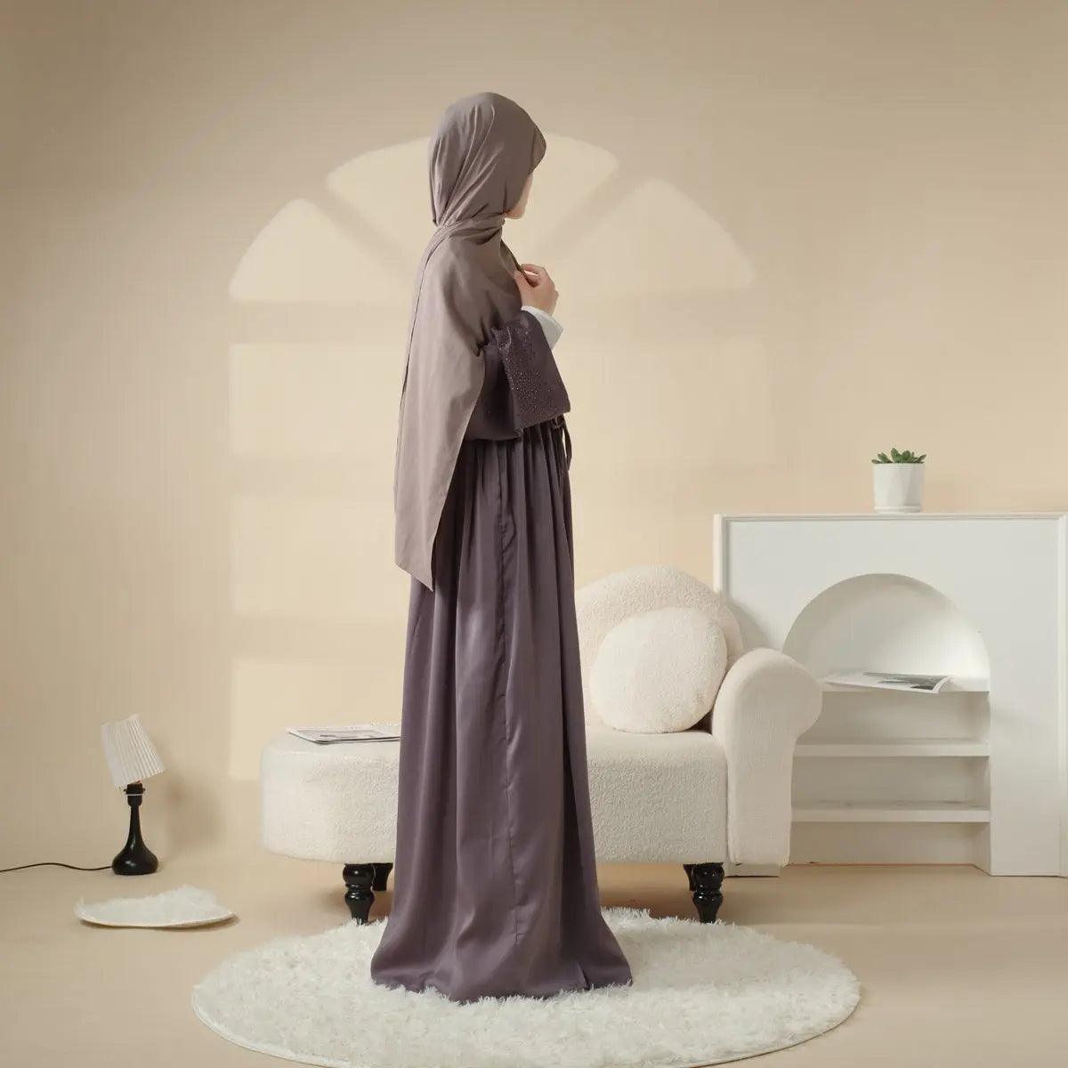 MOA003 Rhinestone Sleeve Pocket Satin Open Abaya - Mariam's Collection