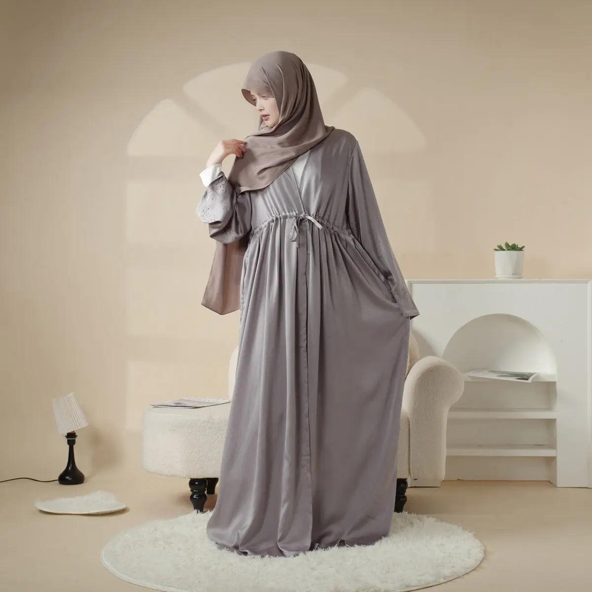 MOA003 Rhinestone Sleeve Pocket Satin Open Abaya - Mariam's Collection