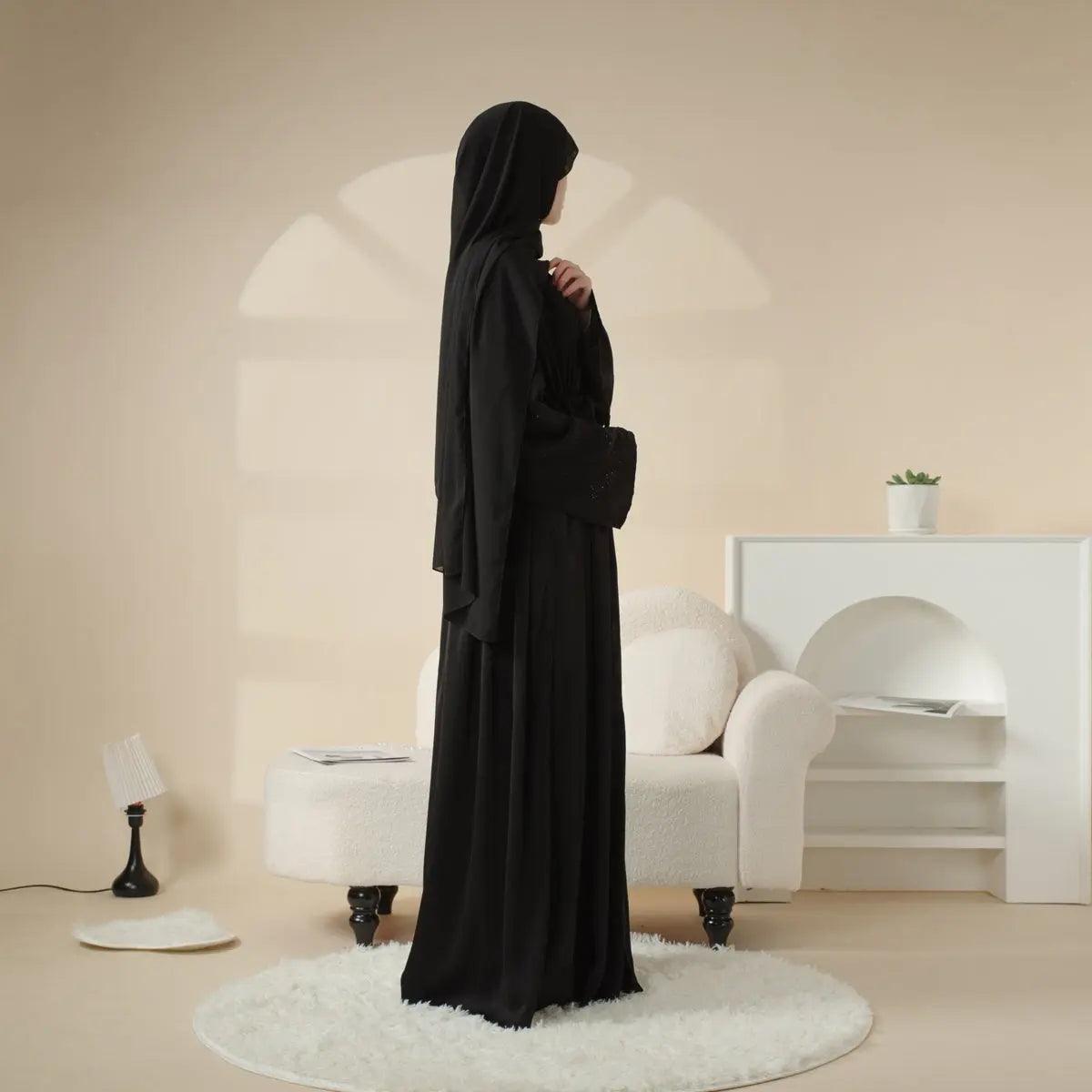 MOA003 Rhinestone Sleeve Pocket Satin Open Abaya - Mariam's Collection