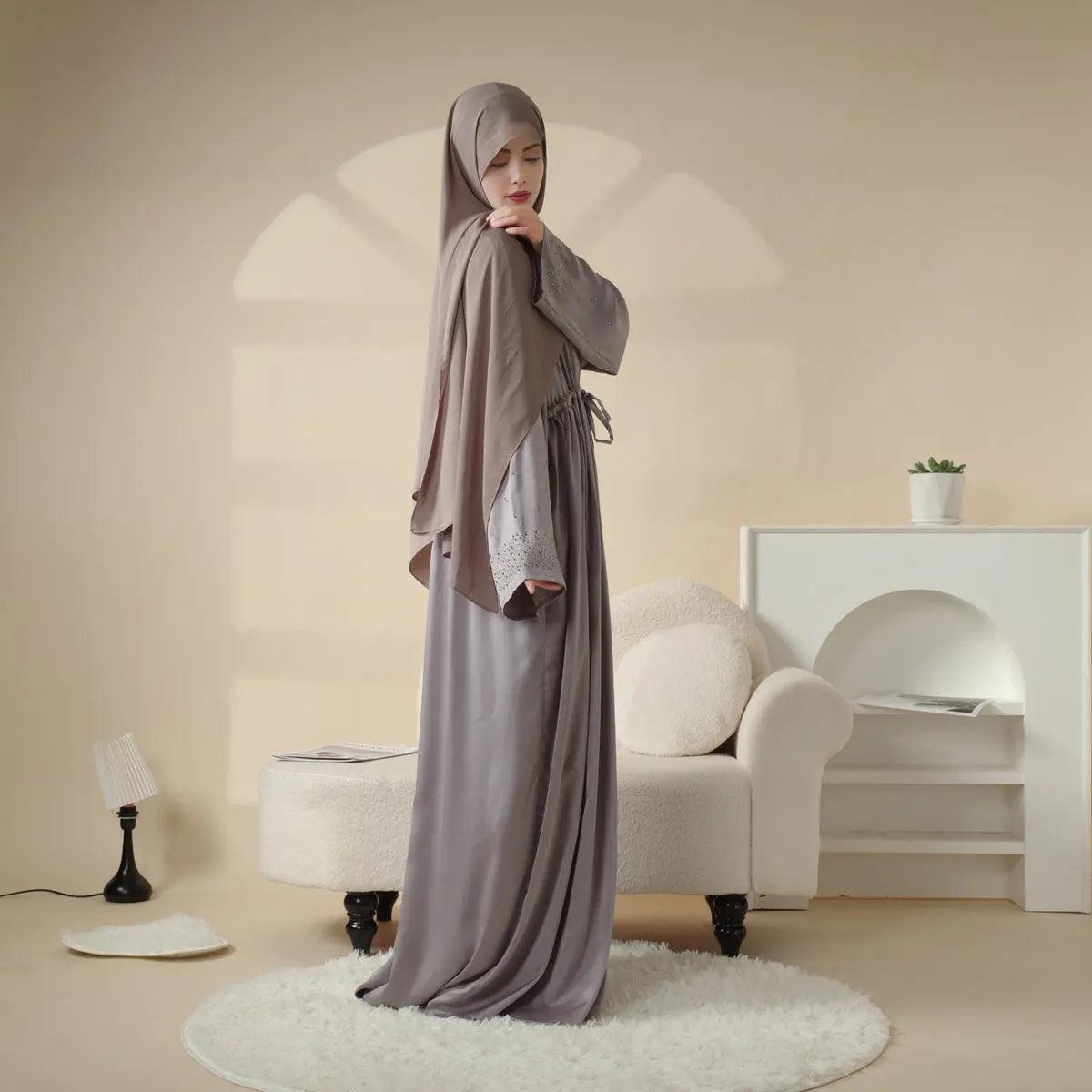 MOA003 Rhinestone Sleeve Pocket Satin Open Abaya - Mariam's Collection