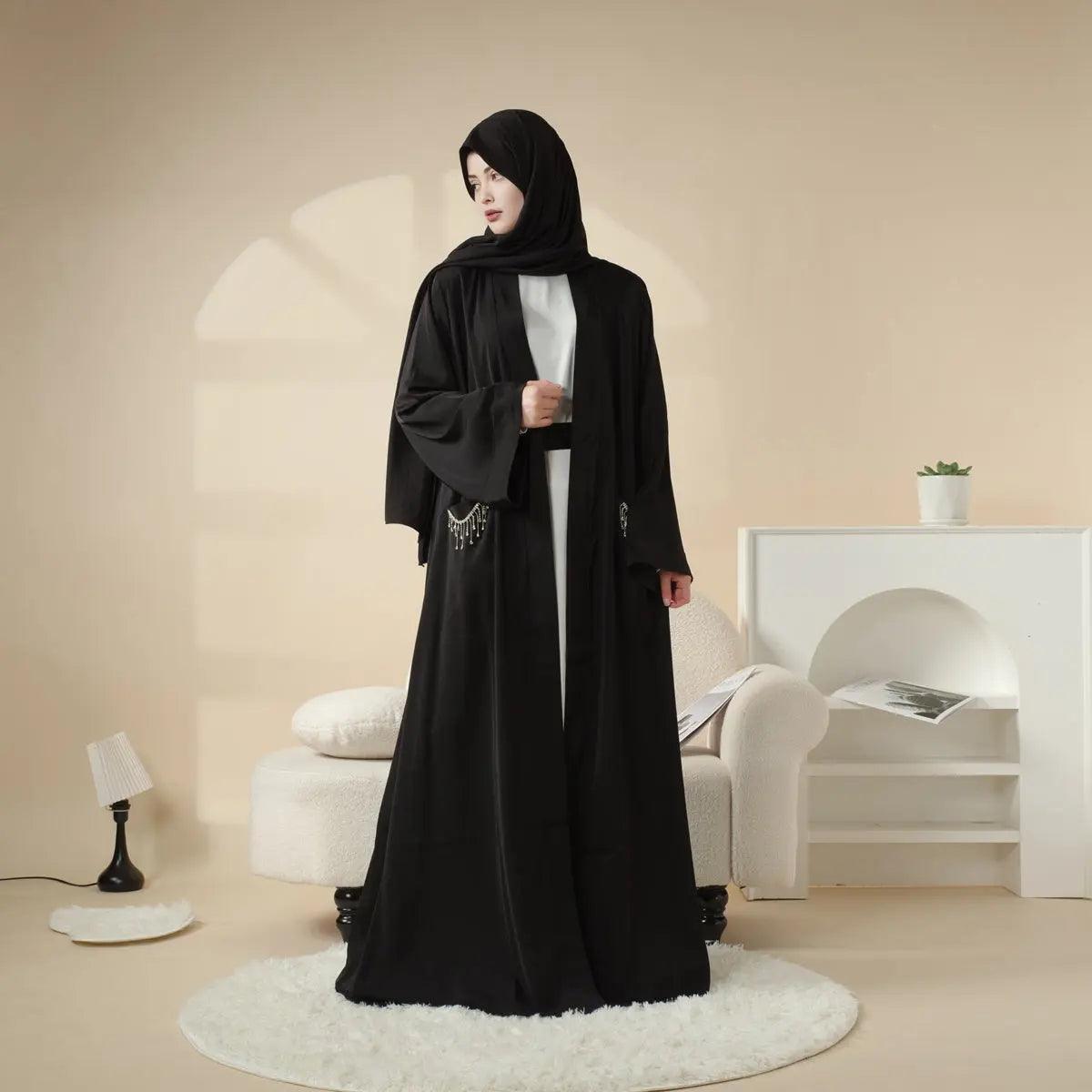 MOA004 Diamond Tassel Pocket Satin Open Abaya - Mariam's Collection