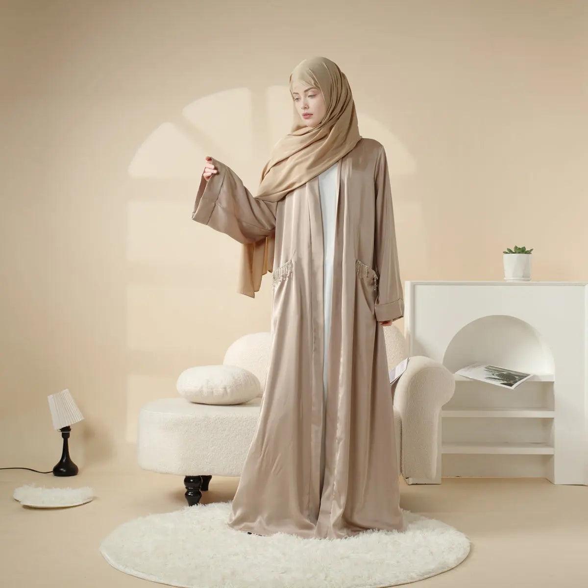 MOA004 Diamond Tassel Pocket Satin Open Abaya - Mariam's Collection