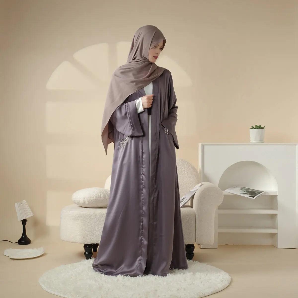 MOA004 Diamond Tassel Pocket Satin Open Abaya - Mariam's Collection