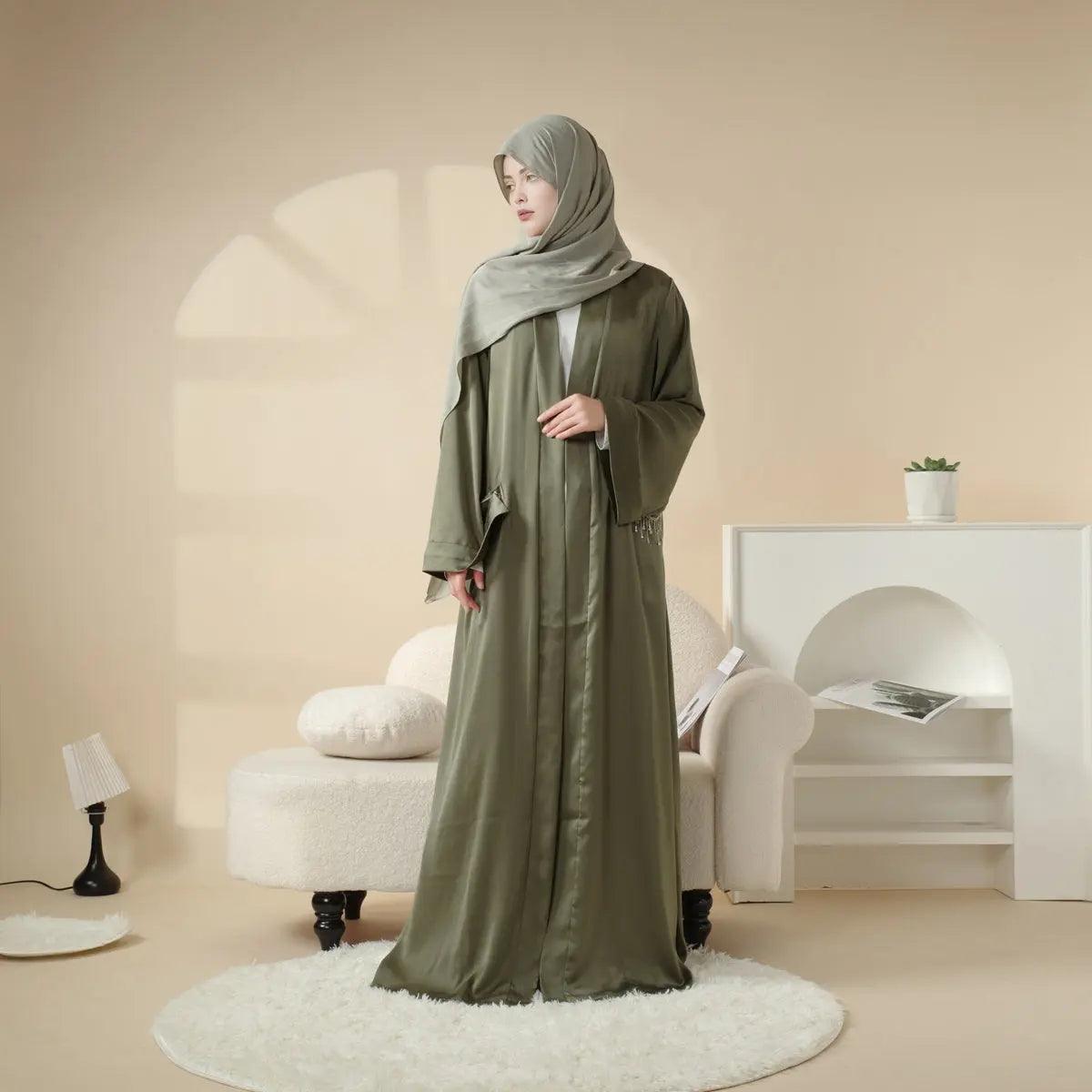 MOA004 Diamond Tassel Pocket Satin Open Abaya - Mariam's Collection