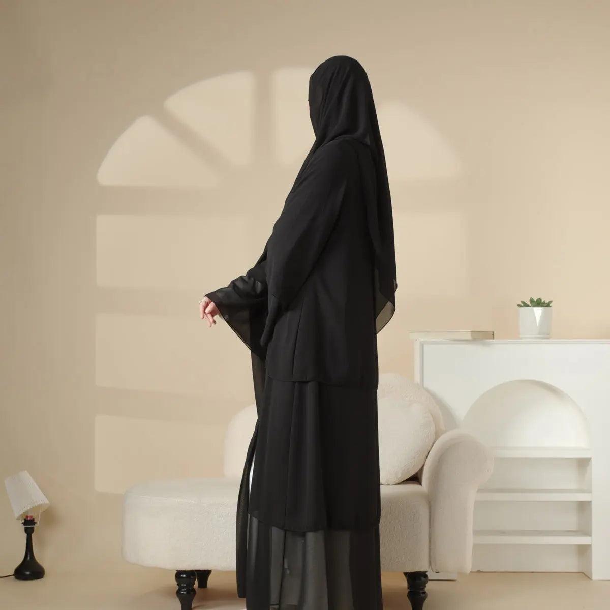 MOA007 Plain 3-Layered Chiffon Open Abaya 3-Piece Set - Mariam's Collection