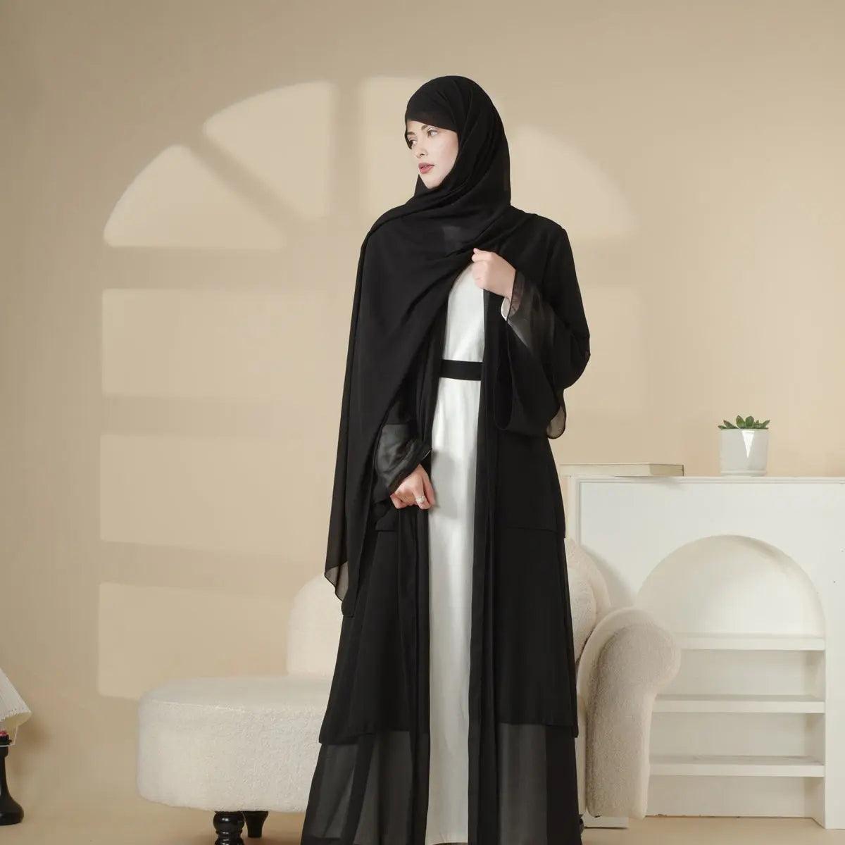 MOA007 Plain 3-Layered Chiffon Open Abaya 3-Piece Set - Mariam's Collection