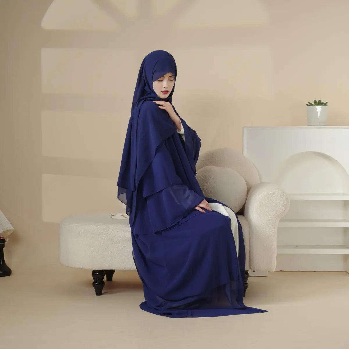 MOA007 Plain 3-Layered Chiffon Open Abaya 3-Piece Set - Mariam's Collection