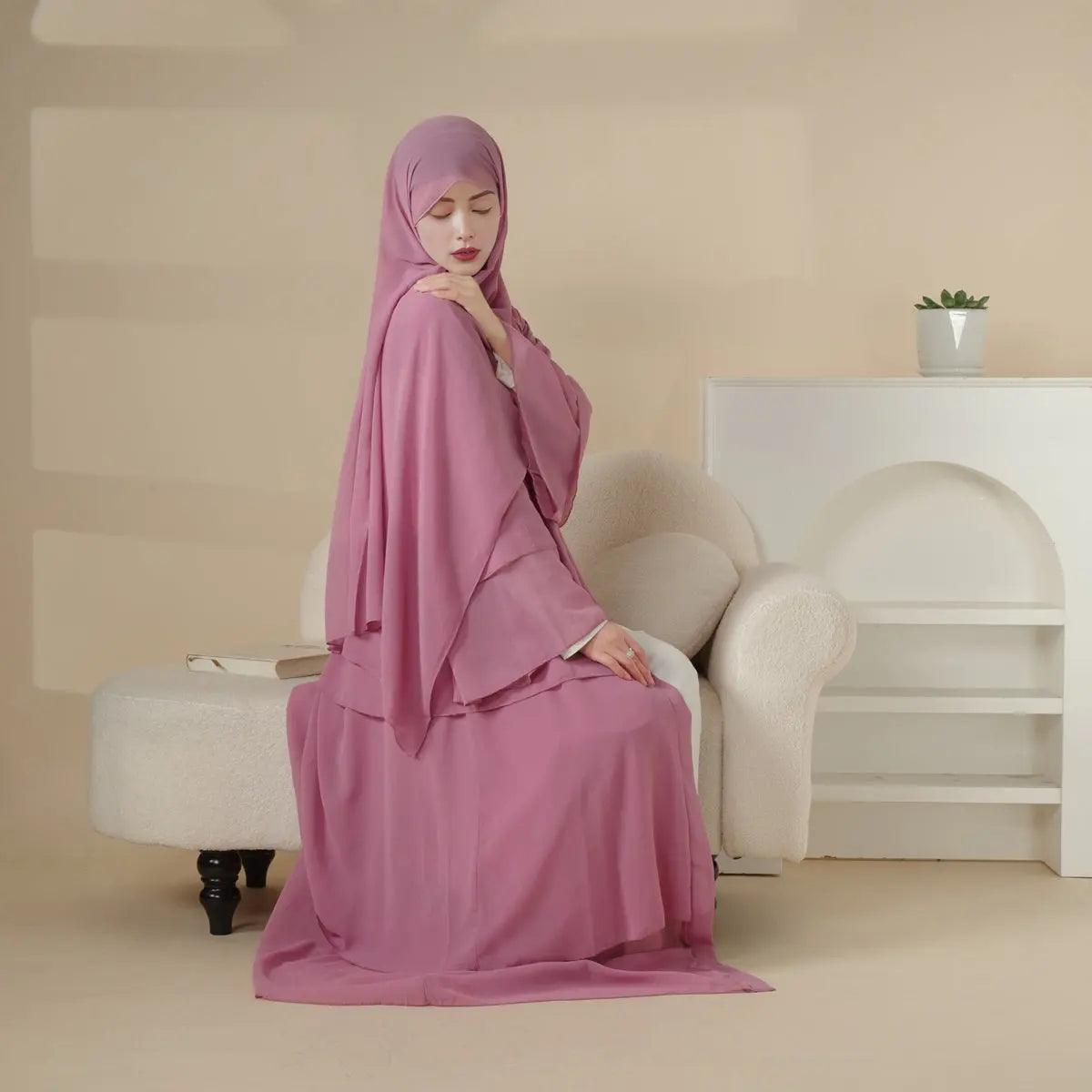 MOA007 Plain 3-Layered Chiffon Open Abaya 3-Piece Set - Mariam's Collection