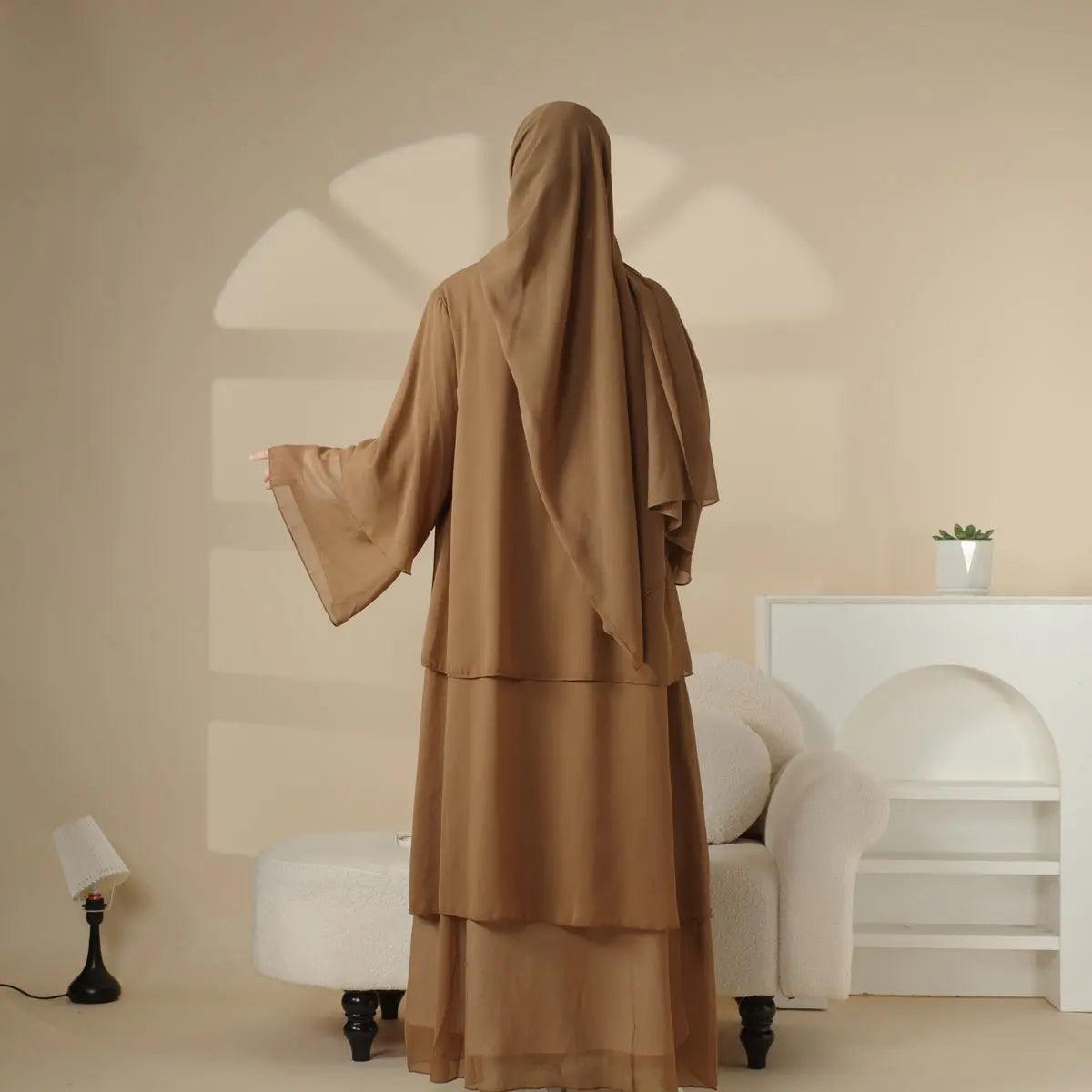 MOA007 Plain 3-Layered Chiffon Open Abaya 3-Piece Set - Mariam's Collection