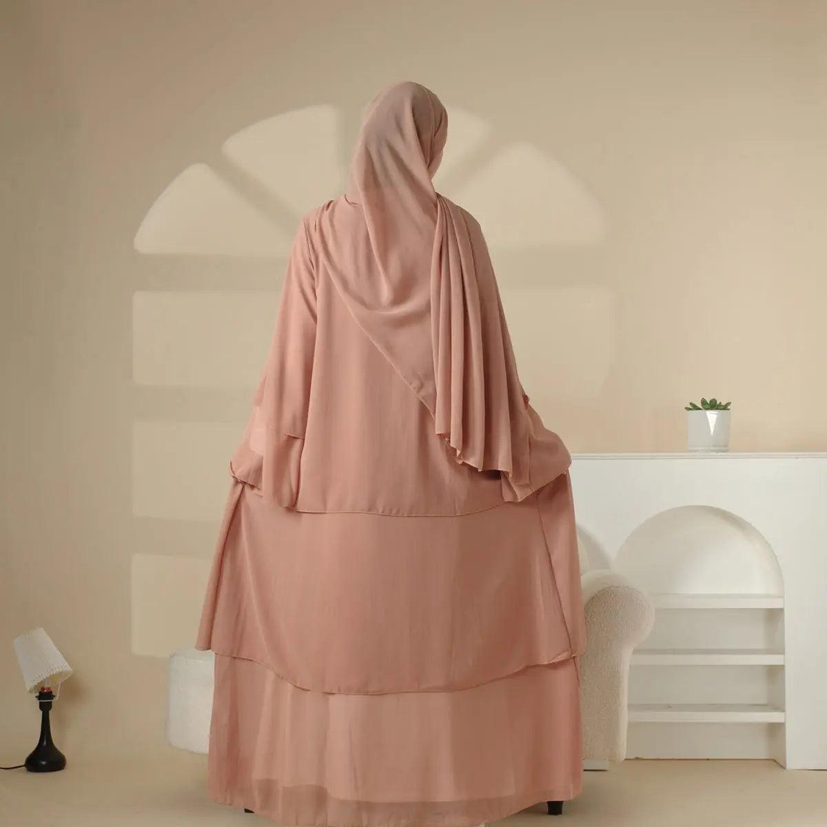 MOA007 Plain 3-Layered Chiffon Open Abaya 3-Piece Set - Mariam's Collection