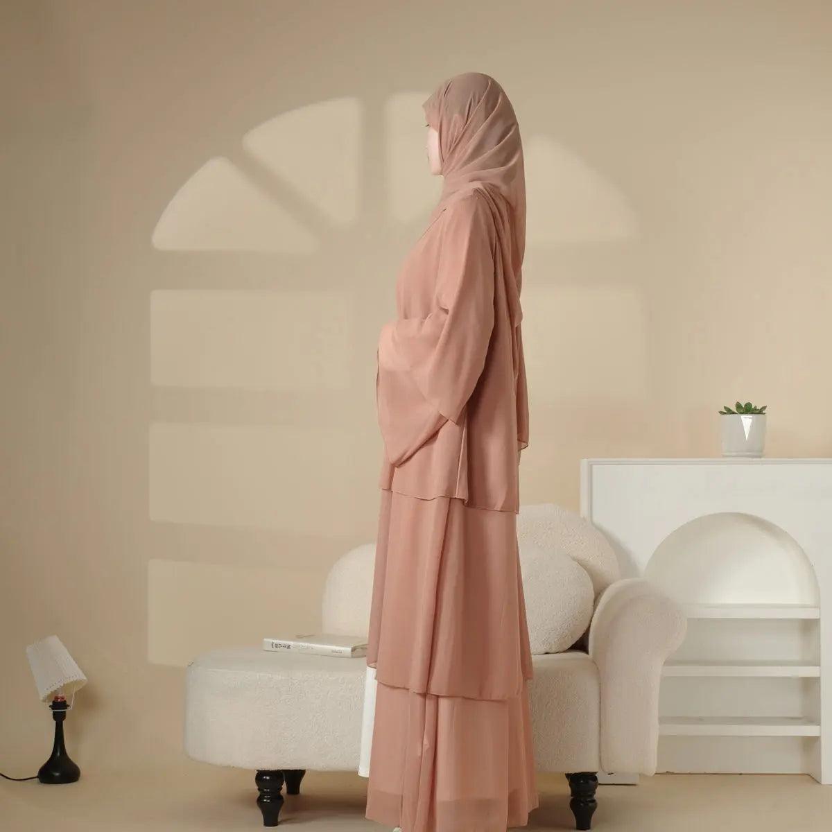 MOA007 Plain 3-Layered Chiffon Open Abaya 3-Piece Set - Mariam's Collection