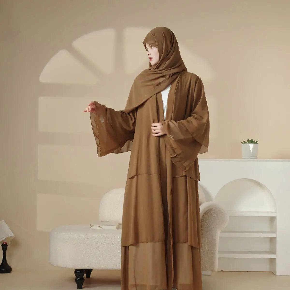 MOA007 Plain 3-Layered Chiffon Open Abaya 3-Piece Set - Mariam's Collection