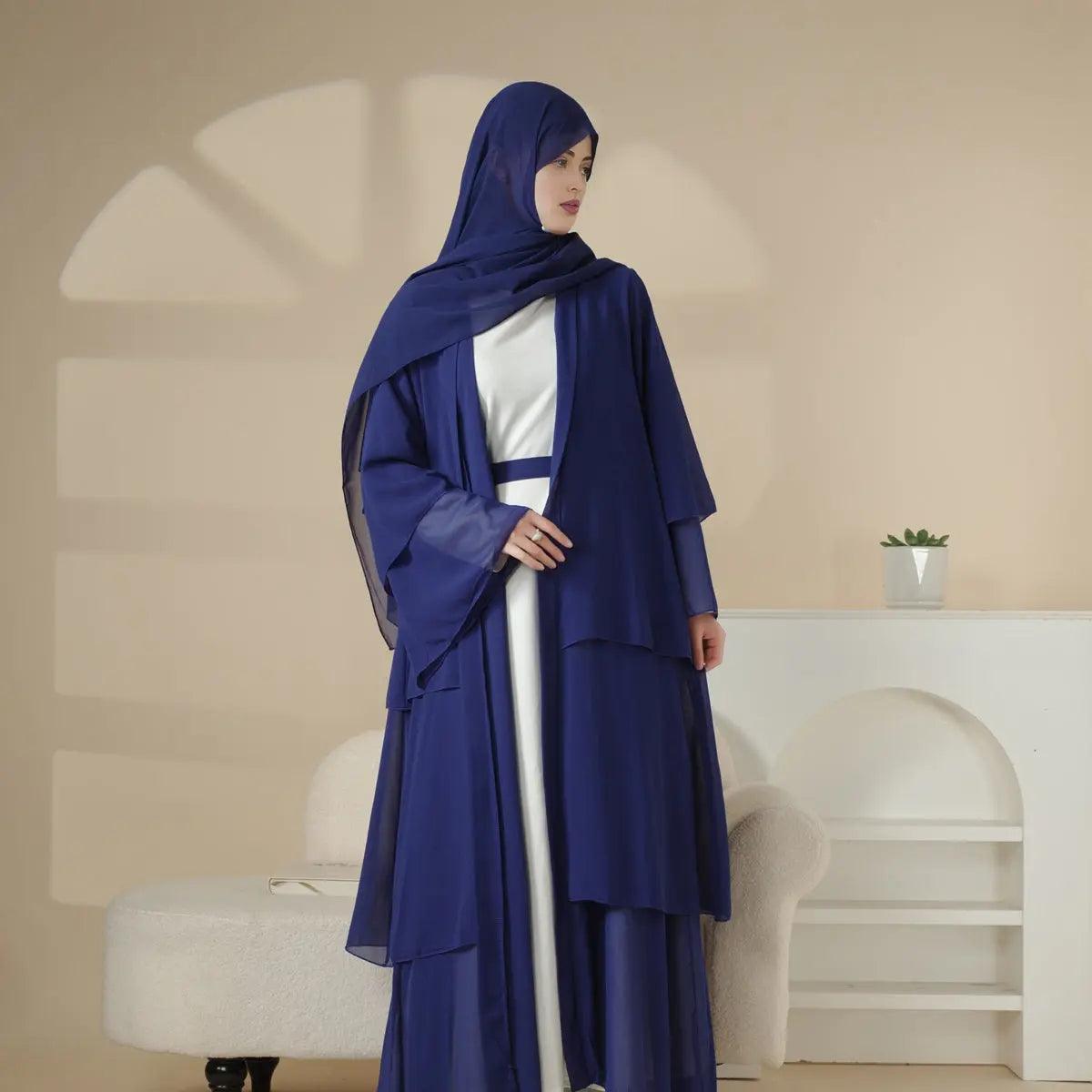 MOA007 Plain 3-Layered Chiffon Open Abaya 3-Piece Set - Mariam's Collection